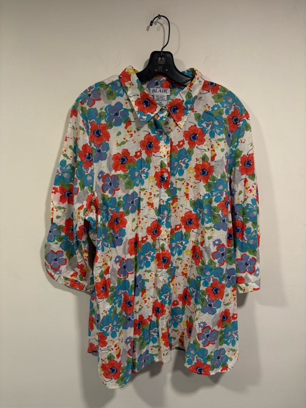 Blair White Cotton Floral Button-Up with Red, Blue & Green Print